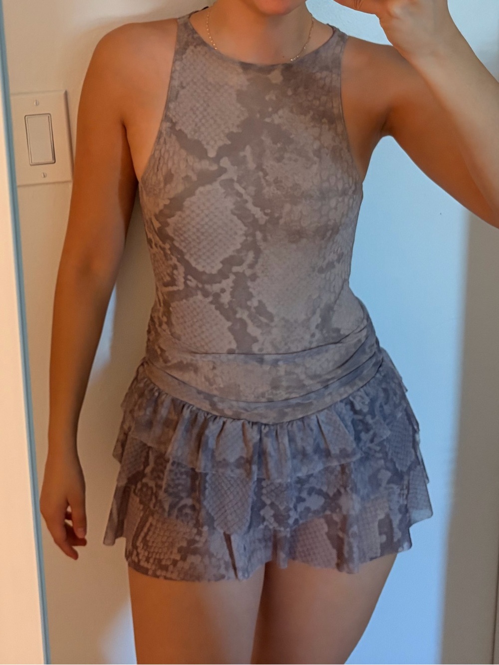 PrettyLittleThing Taupe Beige Snake-Print Ruffle Dress/Romper